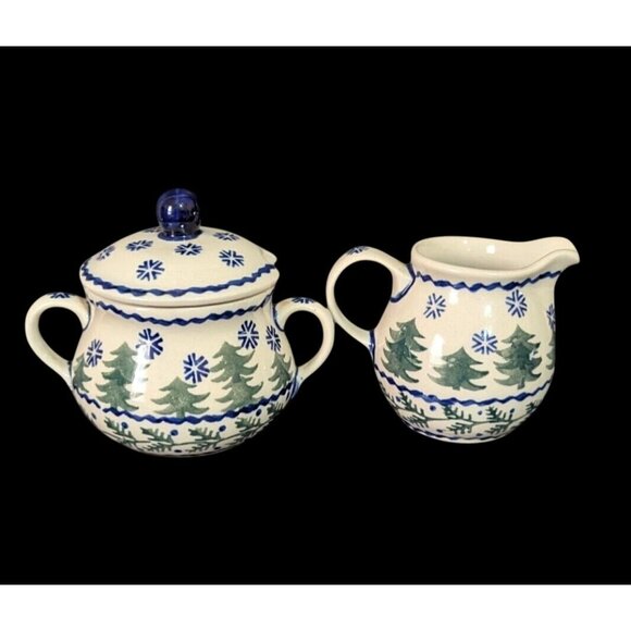 Ceramika Artystyczna Other - Boleslavies Handmade Polish Creamer & Sugar Bowl Set Winter Snowflake Pine Tree